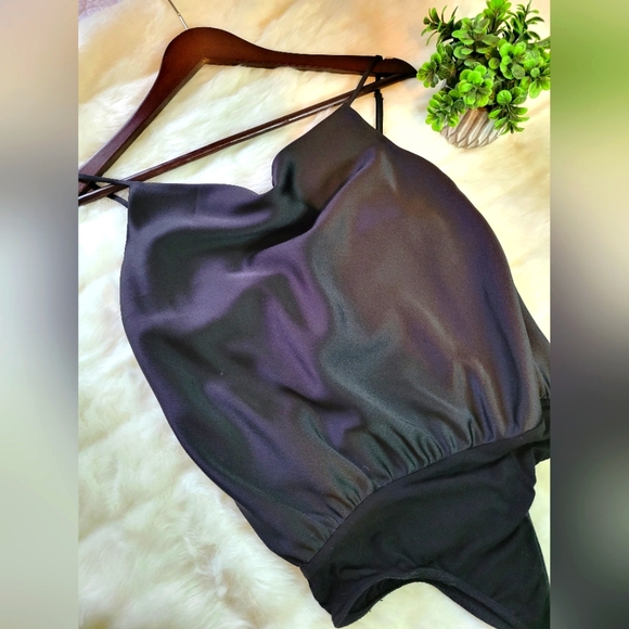Lulus | Emmerson Black Satin Sleeveless Cowl Neck Bodysuit | Draped | Small - Picture 2 of 13